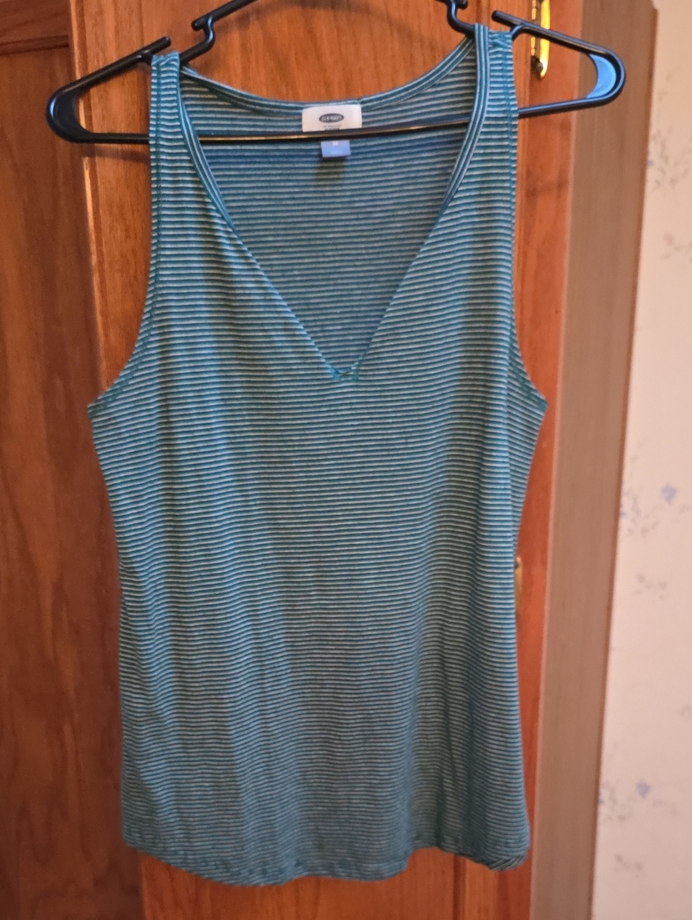 Old Navy Green and White Striped V-Neck Tank Top